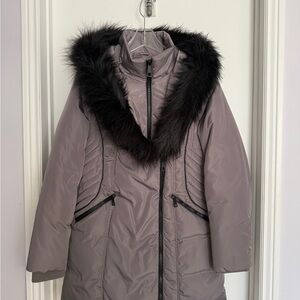 Women's Taupe Coat with Faux Fur Hood